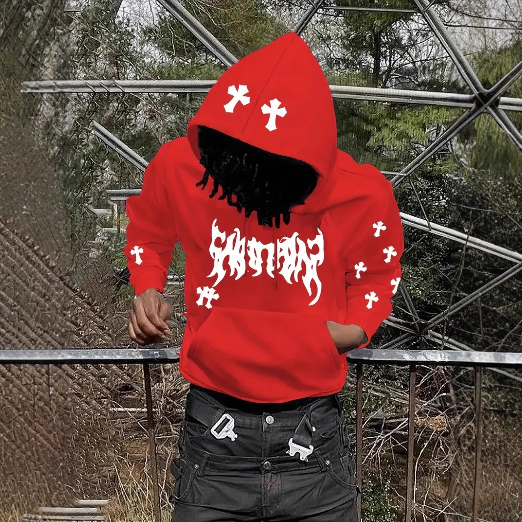 Luxury Brand Designer Clothes Dark Style Personality Cross Print Hoodie For Men Trendy Street Style Hip Hop Pullover Trendy Brand Top