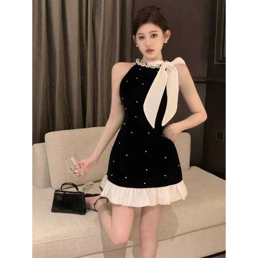 Summer Bow Sweet Party Women Sequin Elegant Strap Mini Dresses Female Korean Fashion Patchwork One Piece Dress 2024 New C260312