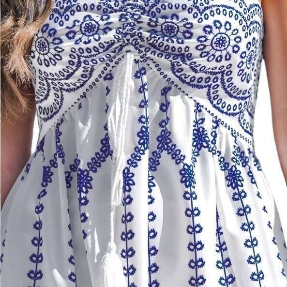 European and American Cross-Border Bohemian Women's Clothing Vacation Style Summer Fashion Slit Sexy Printed Tie Strap Tube Dress
