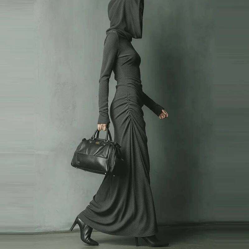 Women Casual Sleeve Slim Fit Maxi Elegant Side Split Hooded Long Fashion Draped Design Solid Color Party Dress C260312
