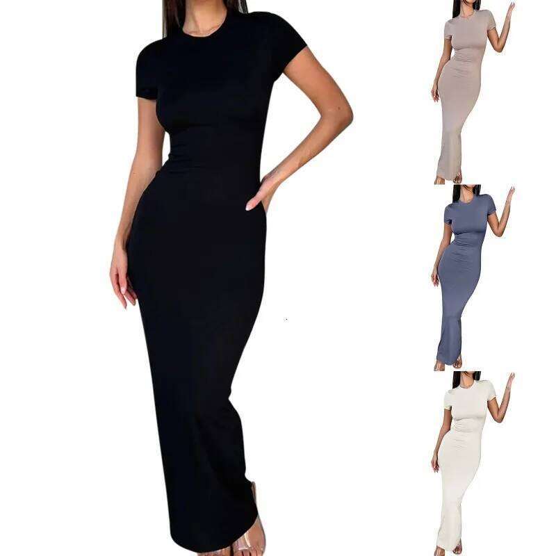 Skinny Women's Bodycon Party Fashion O-neck Short Sleeve Solid Color Wraped Hip Package Long Female Sexy Dress C260311