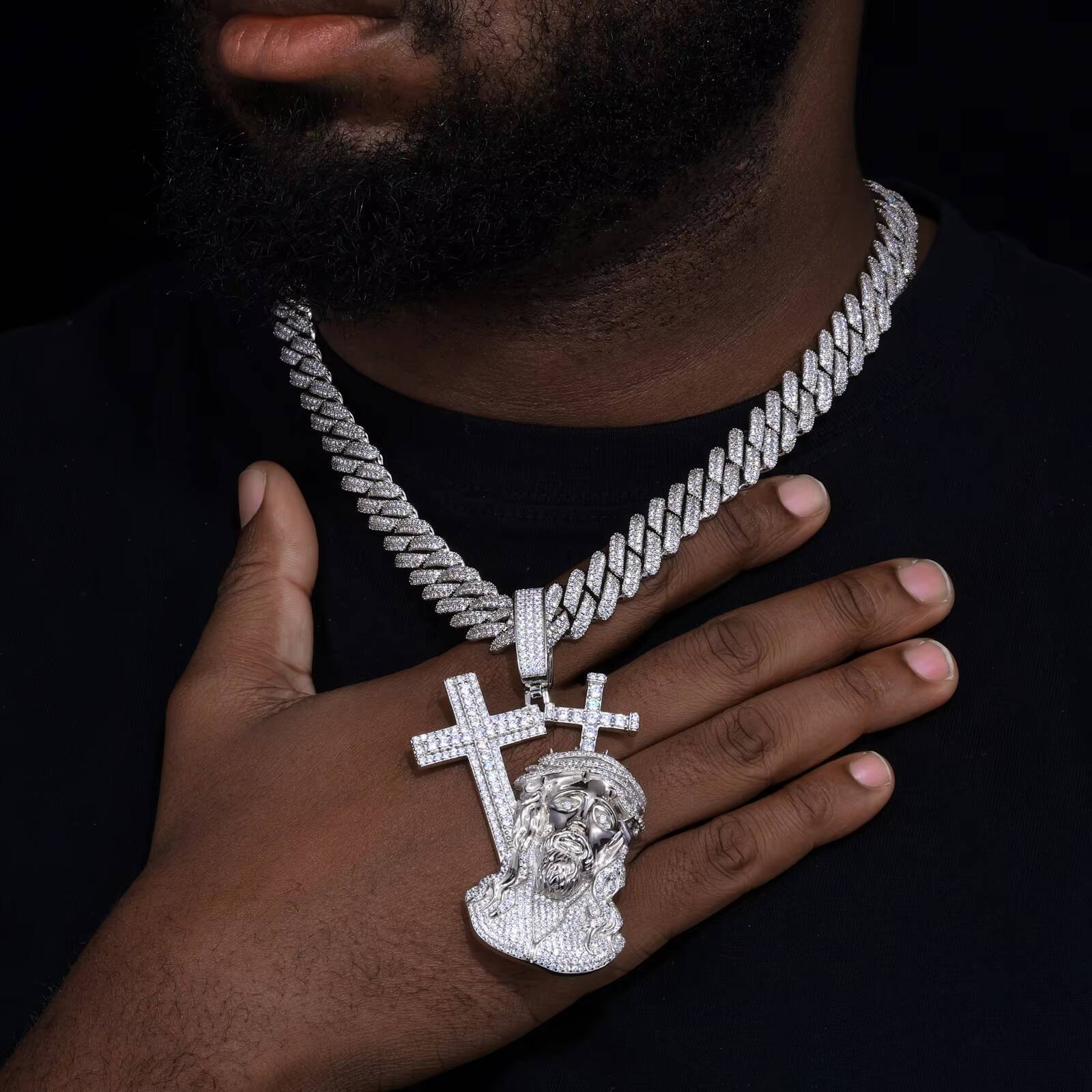 Religious Hip Hop Jewelry Men 925 Sterling Silver Vvs Moissanite Diamond Iced Out Jesus Head Pendant With Cross