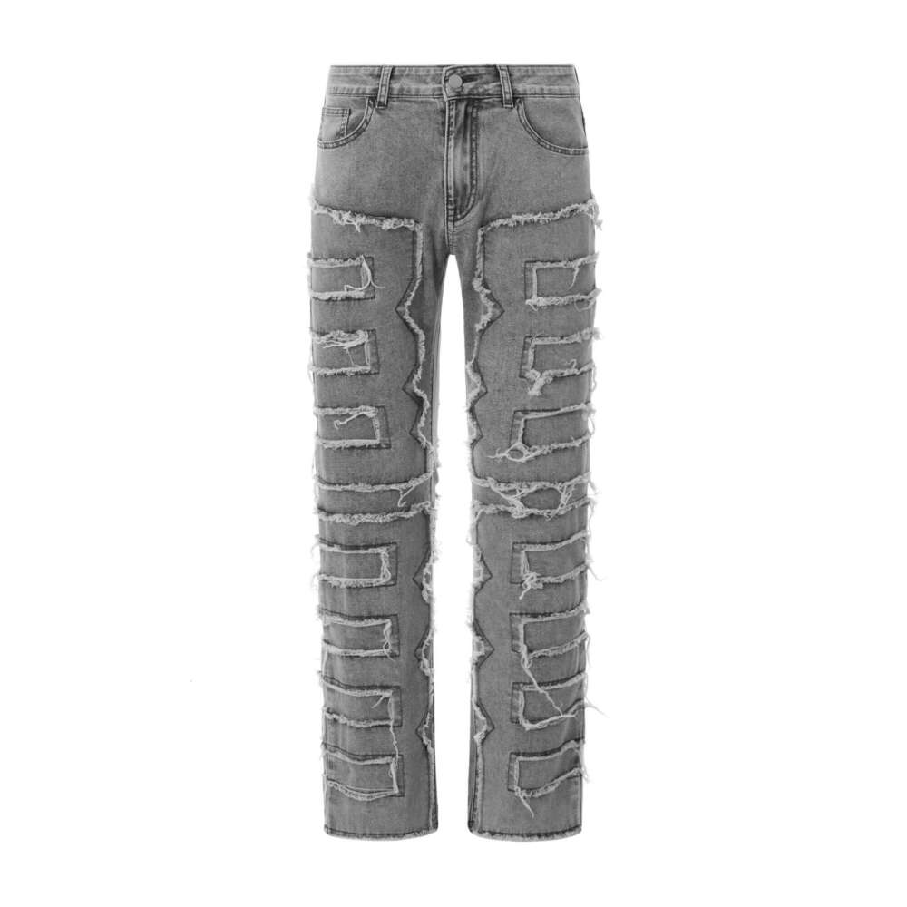 Men Skinny Vintage Patch Frayed Denim Pants Spring Fall Casual Leggings Trousers with Pockets 26Y0312