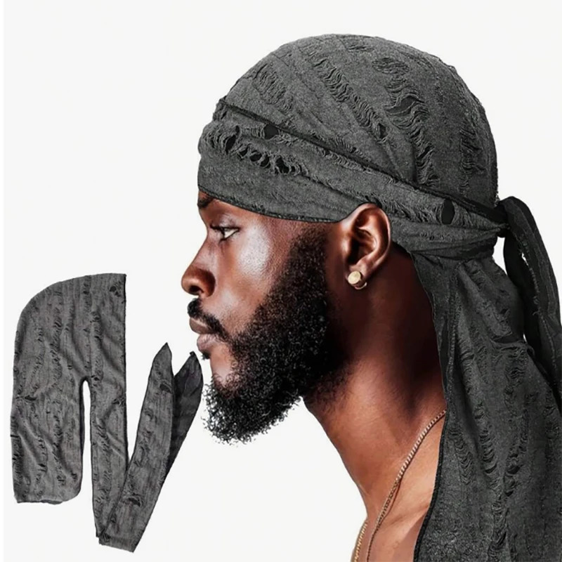 Vintage hole Cotton Durag Headband Unisex Hip Hop Bandana Long Tail Pirate Cap for Men Trendy Head Wraps Cycling Head Scarf 260304