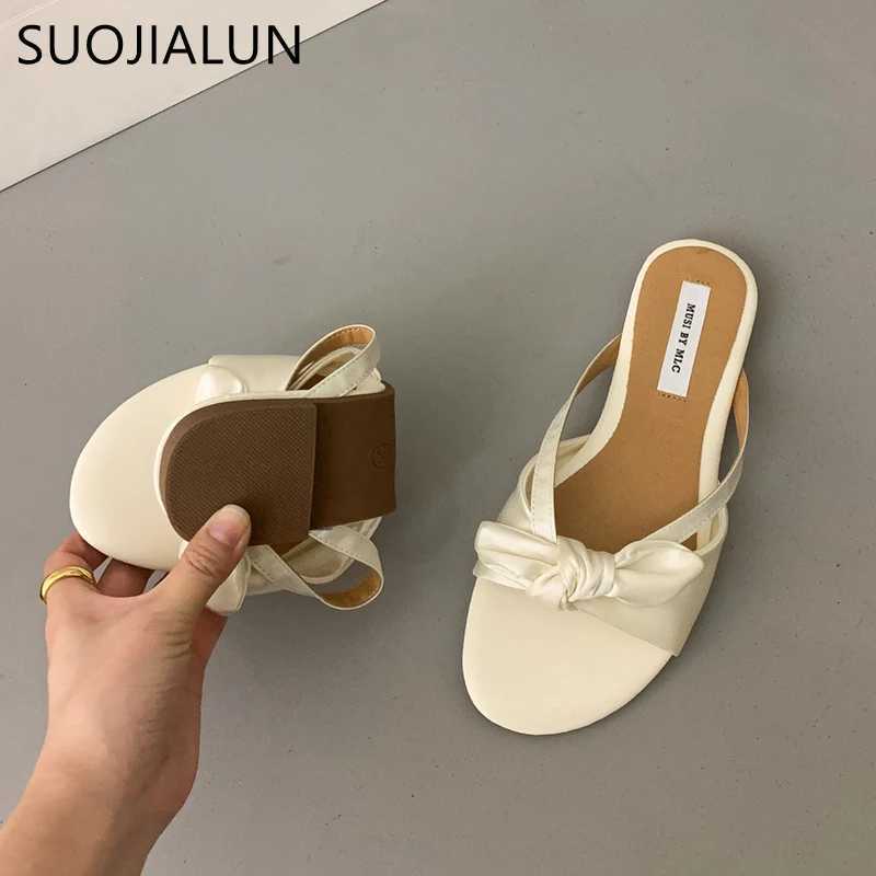 SUOJIALUN 2023 Summer New Women Slipper Fashion Bow-knot Slip On Ladies Sandal Shoes Flat Heel Outdoor Casual Dress Slide K260312