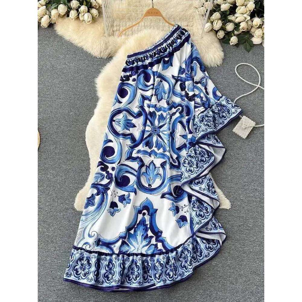 Summer Long Dress Women Runway Blue And White Porcelain Asymmetry Sexy Off The Shoulder Ruffles Hem Loose Robe Maxi Vestidos C260312