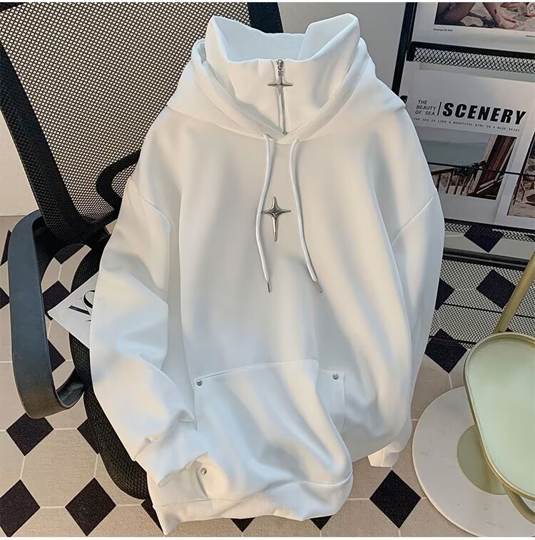 Stylish Designer Hoodie High-neck Solid Color Hooded Sweatshirt For Men And Women Trendy Loose-fitting Couple's Casual Shirt Retro Hooded Jacket