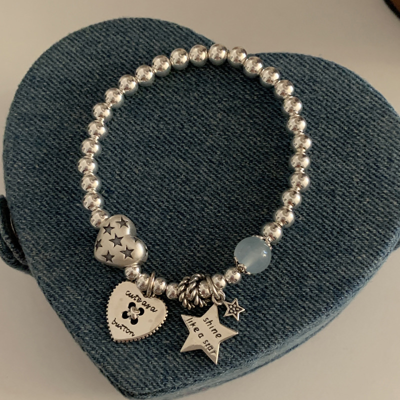 Bracelet S925 Sterling Silver Vintage Beaded Heart Star Bracelet For Women Fashionable Light Luxury Niche High-End Heavy Craft Jewelry Bracelet