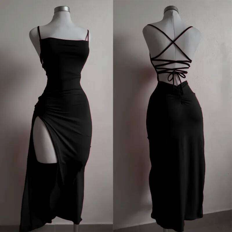 Summer Backless Bandage Sexy Club Women's Elegant Spaghetti Strap Evening Party Dresses Split Slim Solid Color Long Dress C260312