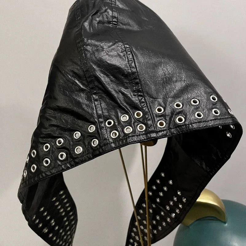Metal Eyelets Pu Leather Durag Man Hip Hop Punk Rock Beanie Hat High Street Black Leather Cap Headwear 260304
