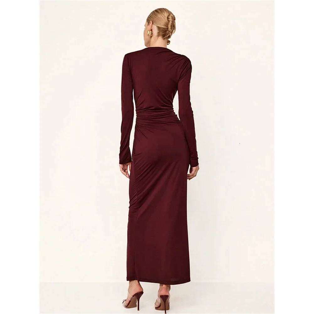 Tossy Pleated Slim Fashion Maxi For Women Elegant High Waist Sleeve Bandage Autumn Ladies Patchwork Long Dress C260312