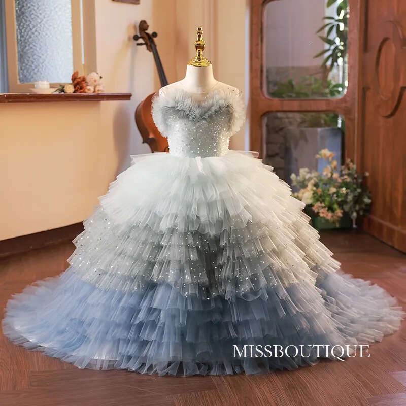 Cute Puffy Balle Gown Little Girl Pageant Dresses Shiny Ruffles Tulle Sweep Train Brithday Party Gowns For Toddler Kids Communion Pearls Beaded Flower