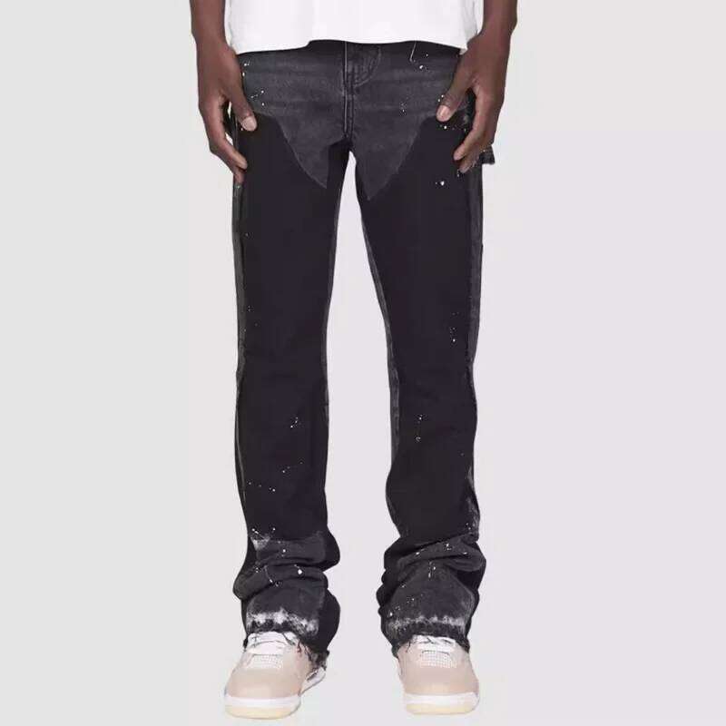Y2k Men Painting Baggy Fashion Work Wear Popular Stretch Patch Denim Stacked Flare Jeans Pants 26Y0312