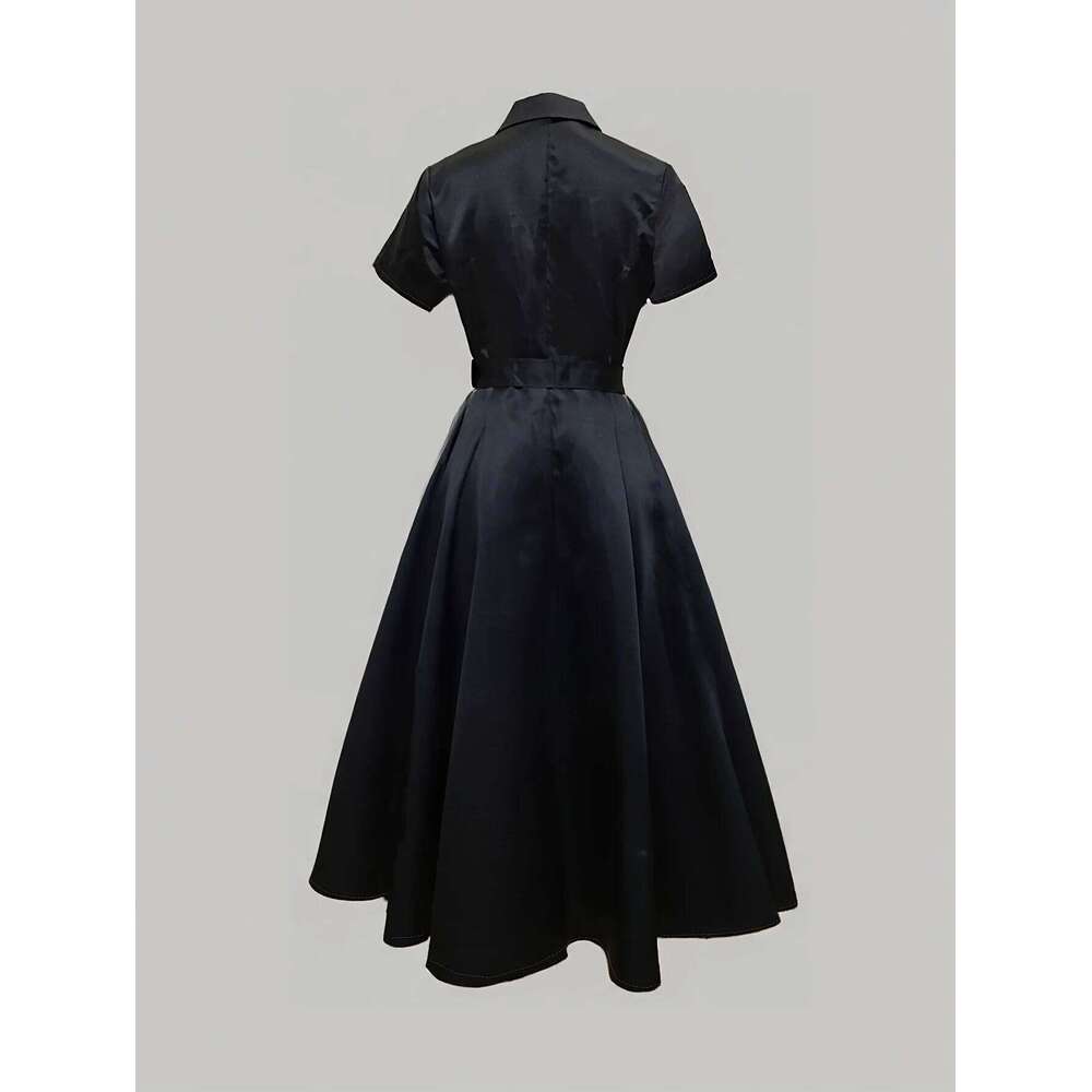 Women Elegant Satin Pleated A-Line Dress with Belt Lapel Collar Short Sleeve Black Office Lady Casual Dresses C260312