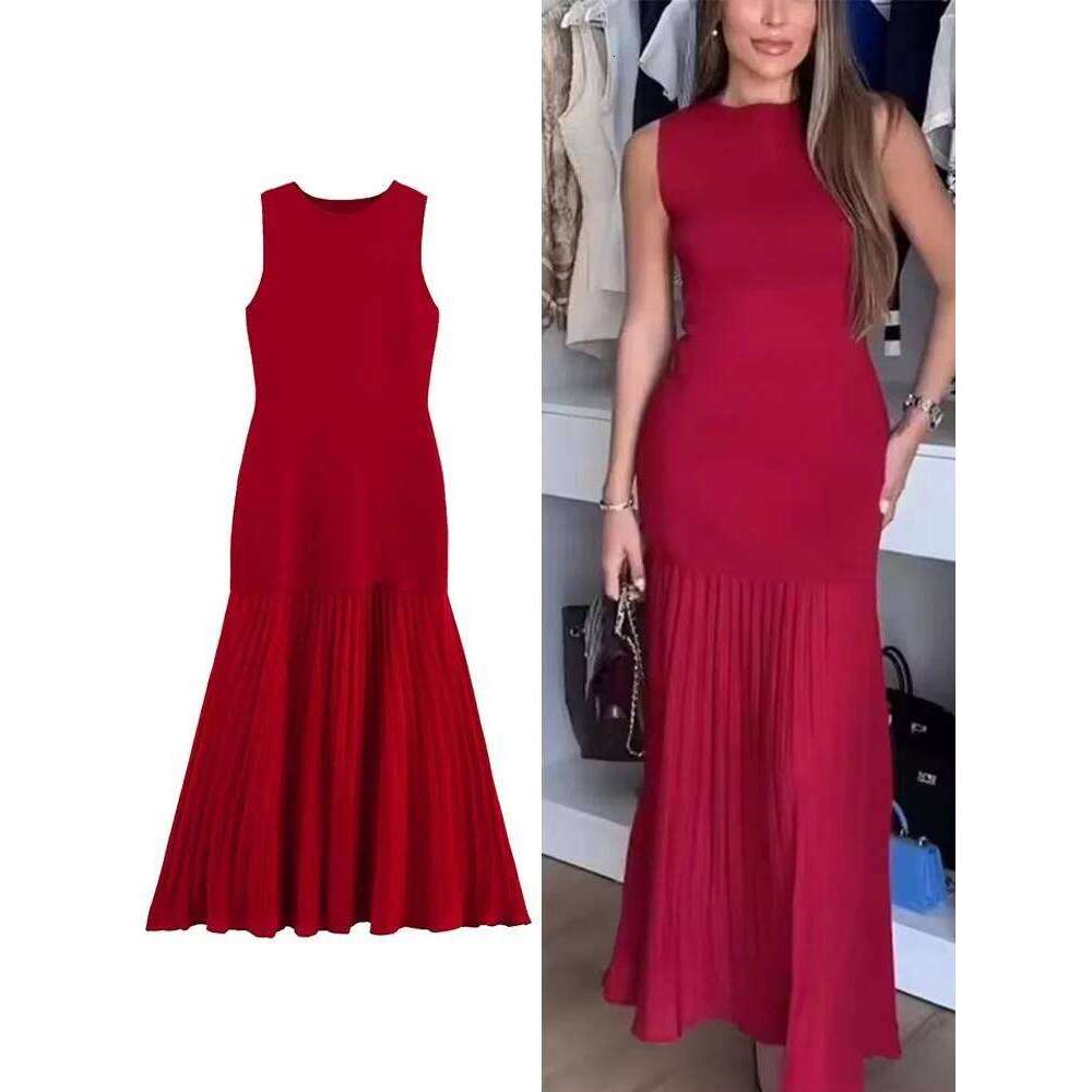 Spring Summer New Women's Dress Pleated Patchwork Simple Temperament Knitted Sleeveless Long Dresses for Women 2025 C260311