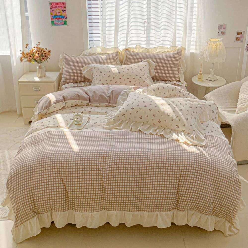 3pcs Korean lace Duvet 1*Duvet Cover + 2*Pillowcase, Without Core, Pink checkered print Bedding Set H260312