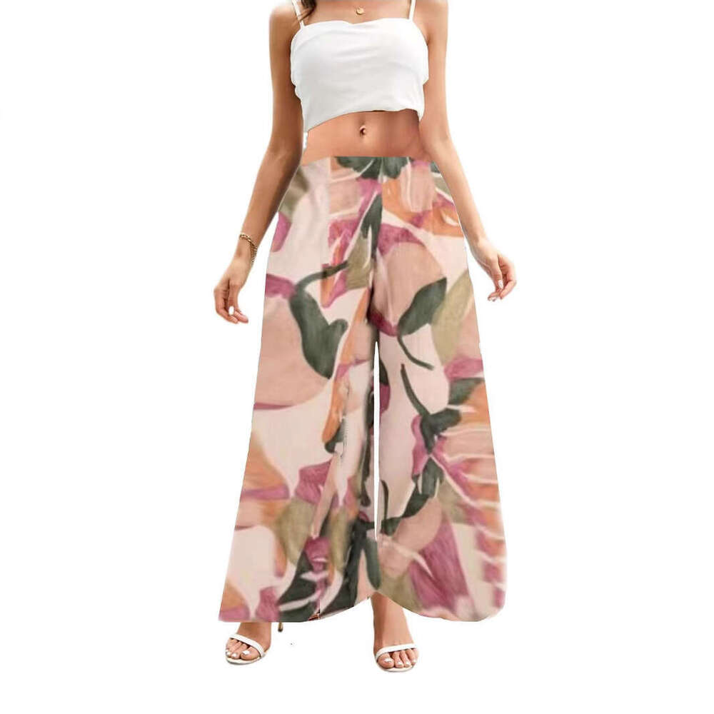 2025 New European and American Women's Fashion Spring/Autumn Colorful Printed High-Waisted Casual Comfortable Draped Wide-Leg Pants