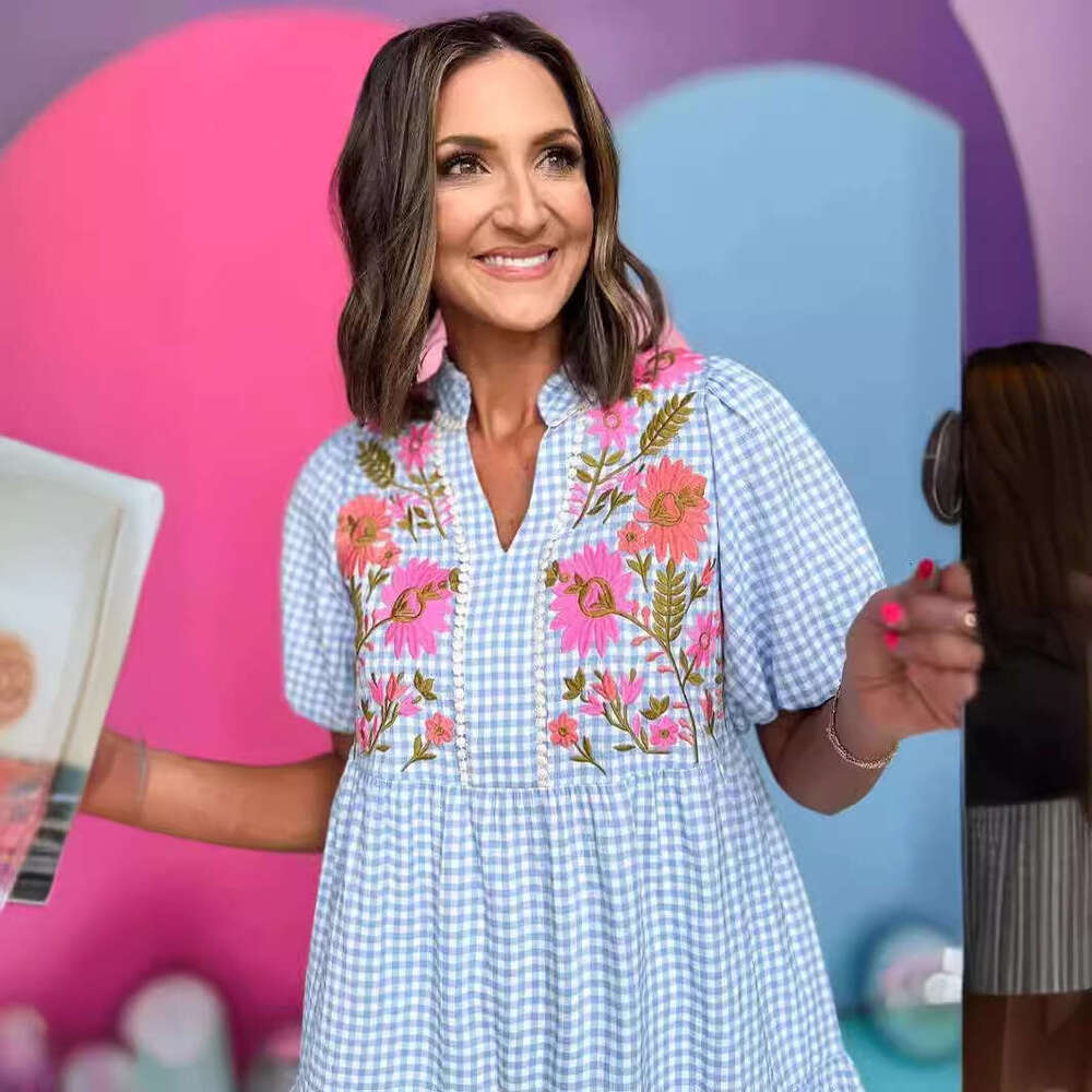 2026 New Women's Clothing Loose Casual Elegant Short-sleeved Plaid Dress A-Lline Dress Blue striped embroidered flower