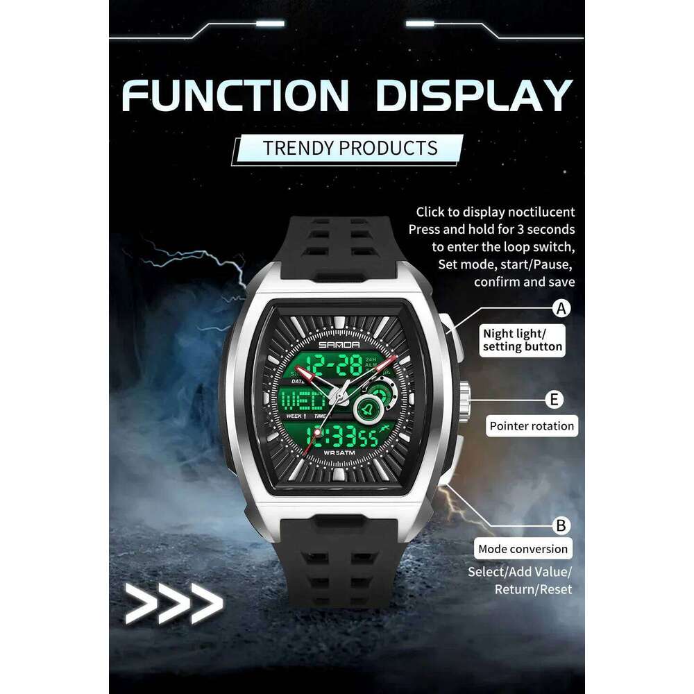 SANDA 5118 fashion Luxury alarm clock men electronic digital multifunctional trend men's watch silicone waterproof hand