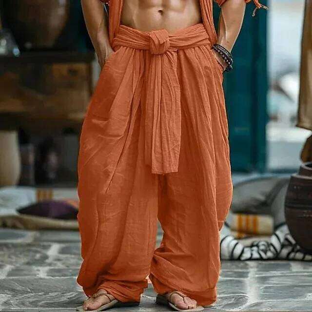 Ethnic Style Casual Cotton Linen Wide Leg Spring Summer New Men's Solid Color Lace-up Baggy Pants Vintage Streetwear Male