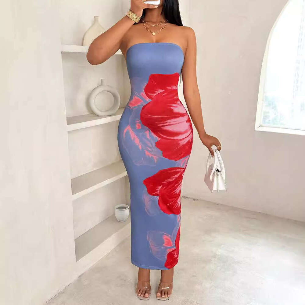 2025 European American cross-border new model Shein women's slim-fit off-shoulder dress with contrasting floral print, elegant and fashionable