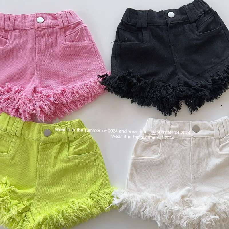 Summer Girls Tassel Denim Shorts Korean Childrens High Waist Loose Jeans Short Pants Girl Fashion Thin pants 27Years 260311