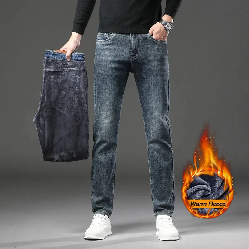 Winter Fleece Lined Warm Mens Jeans Slim Straight Korean Velvet Denim Pants Retro Soft Thick Casual Trousers Daily Outdoor Wear 260228