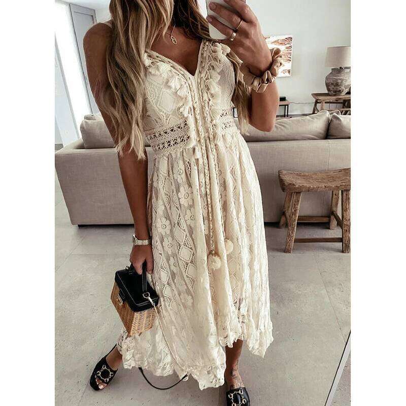 Summer White for Women 2025 Lace Hem Bohemia Short Sleeve High Waist V-Neck Long Casual Ruffle Dress C260312