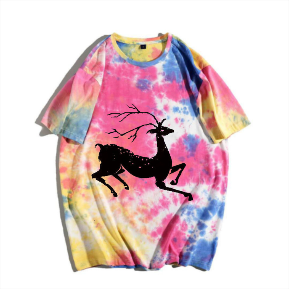 Forest style vintage branches, reindeer tie dye short sleeved T-shirt, American retro gradient deer print men's summer versatile top