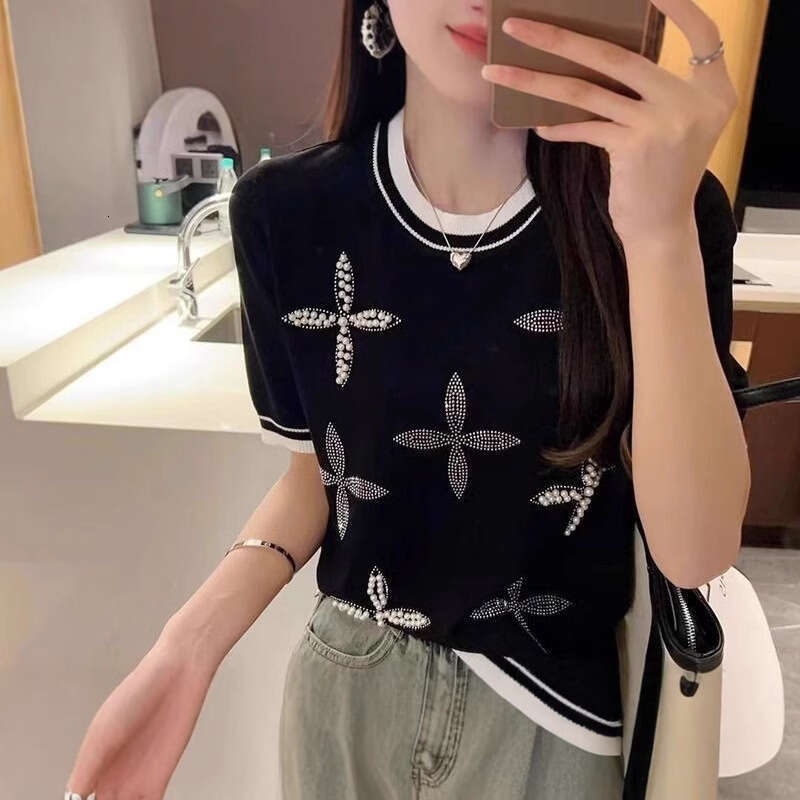 New Model Ice Silk Short-Sleeve Knit For Women, Summer New Style, Heavy-Duty Beaded And Rhinestone-Embellished Casual Thin Top
