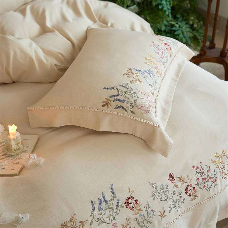 Natural Cotton Linen Vintage French Flowers Embroidery Bedding Set Duvet Cover Flat/Fitted Bed Sheet Pillowcases 4Pcs H260312