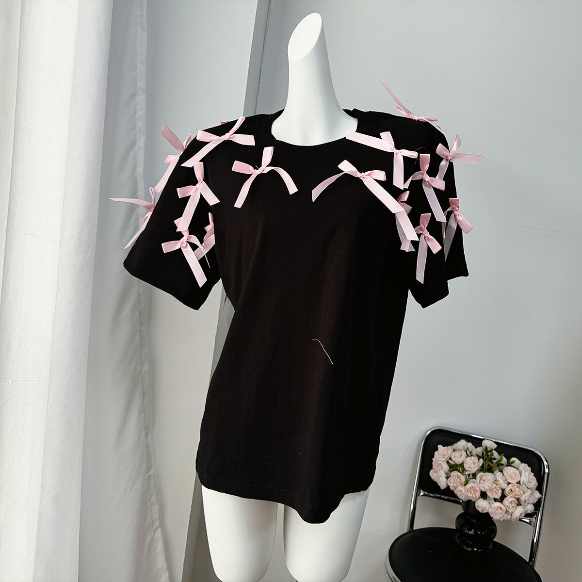 European And American Casual Short-sleeve Wo's T-shirt Trendy Brand Design With Bow Designer Shirt Designer Hoodie Tie Polo Shirt And Patchwork O