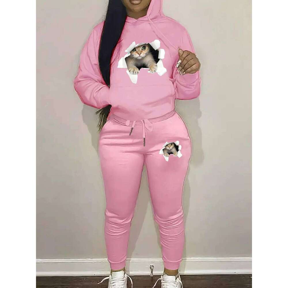 Women's Autumn/Winter Fashion Casual 3D Cat Pattern Printed Thick Warm Hoodie+Sports Pants Set C260312