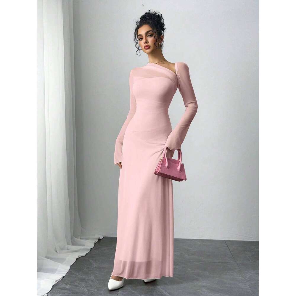 New spring/summer women's pink tulle explosion slim irregular diagonal shoulder ultra long dress C260312
