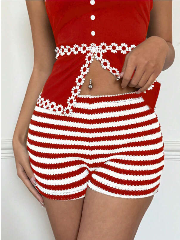 European and American fashion pants, Amazon cross-border spring-summer new style, stylish striped low-waist high-elastic women's shorts