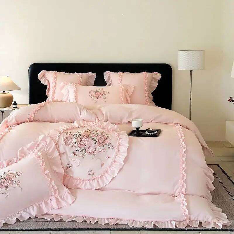 4Pcs Rose Flowers Embroidery Bedding Set Double King Queen Size Pink Girls Bedroom Duvet Cover Flat/Fitted Bed Sheet Pillowcases H260312