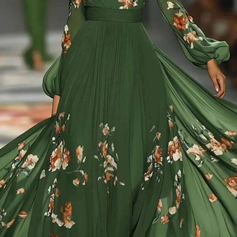 Elegant Sleeve Slash Neck Pleated Long Sexy Backless Print High Waist Woman Autumn Strapless Lace Up Prom Dress C260312