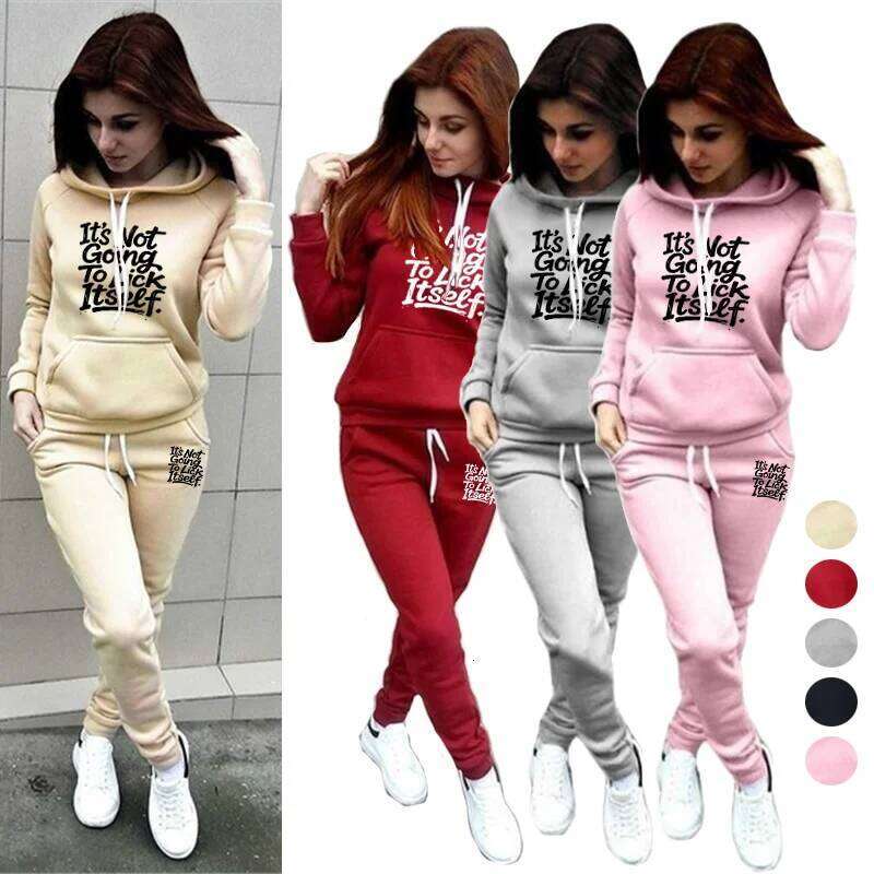 Fashion Hoodie + Pants 2-Piece Text Printed Sportswear Autumn and Winter Women's Daily Casual Sports Jogging Set C260312