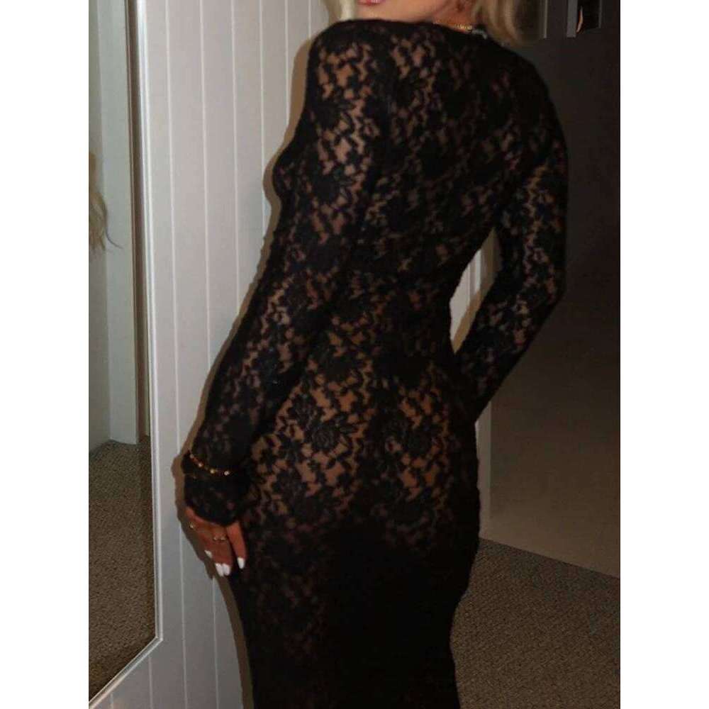 Sexy See-through Lace Flower Embroidery Slim Bodycon Women Long Sleeved Maxi Dress Evening Club Party Vestidos C260312