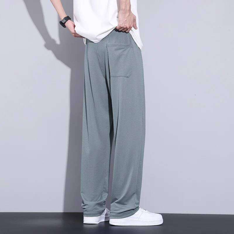 Summer Thin Mesh Net Hole Fabric Casual Pants Men Breathable Elastic Waist Baggy Korean Jogging Work Straight-leg Trouser New