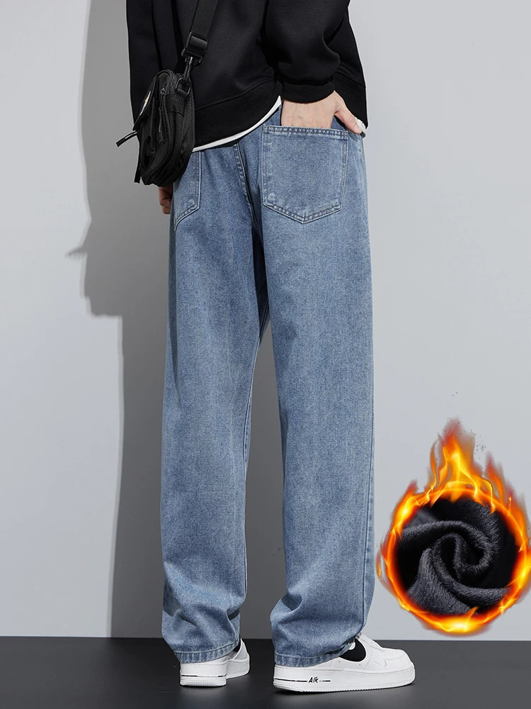Winter Fleece Jeans Mens Loose Wide Leg Gray Classic Denim Pants Warm Fashion Streetwear Korean Straight Casual Plush Trousers 260228