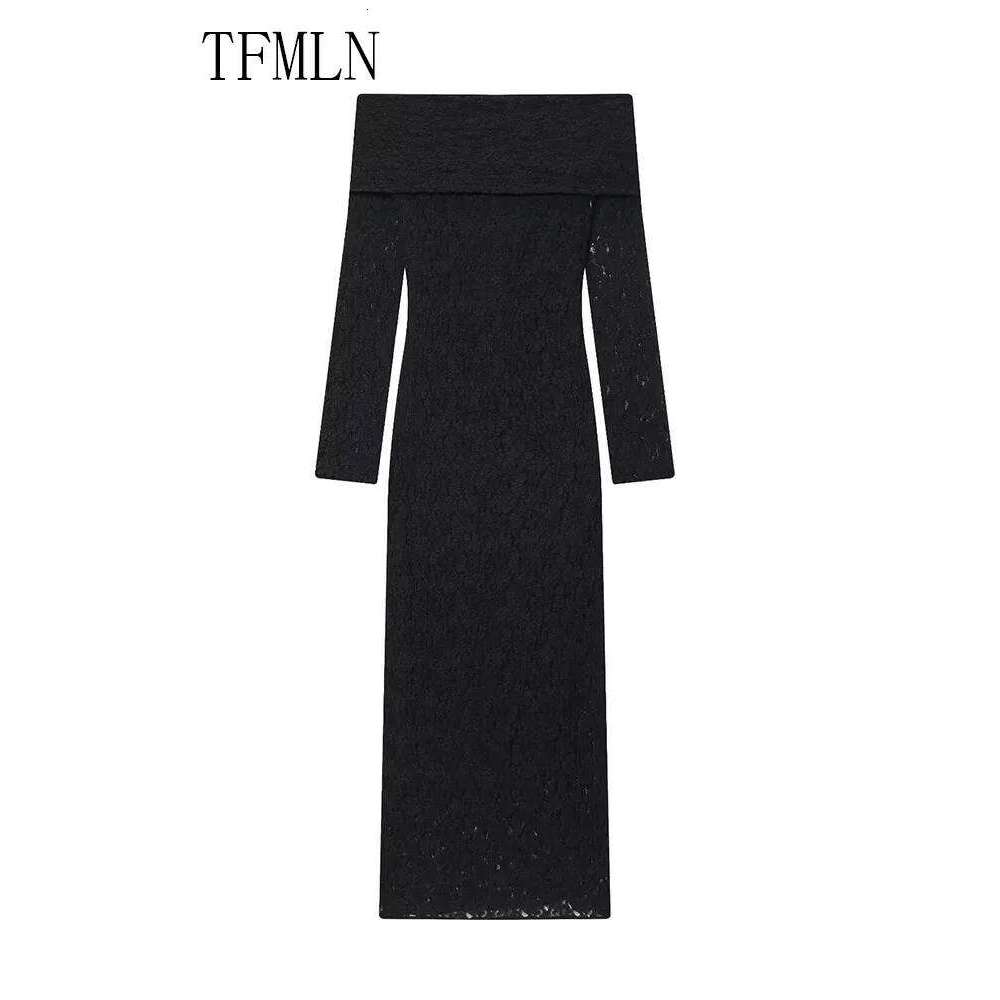 TFMLN 2025 New Women Lace Off Shoulder Elegant Ladies Full Sleeve Solid Slim Party Dress Sexy Side Zipper Long Dresses C260311