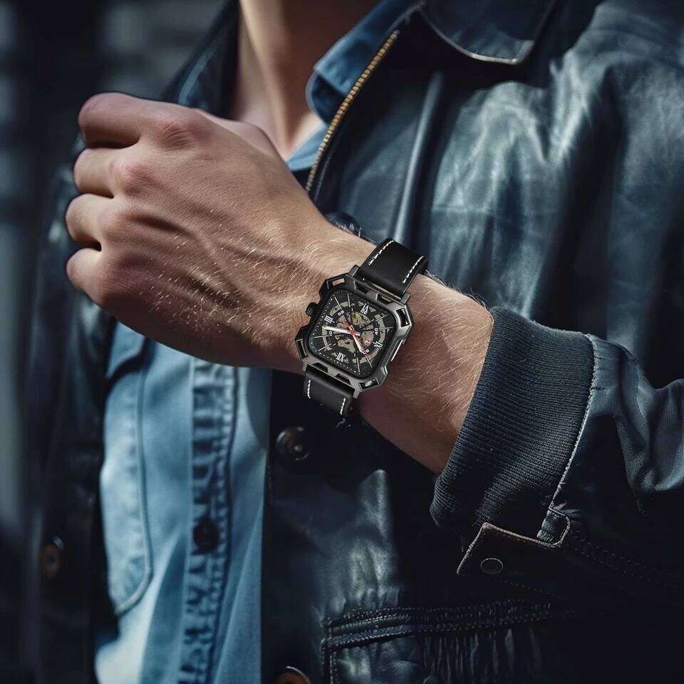 LONGLUX automatic business cool wholesale mechanical wristwatches hollow no logo black leather mens watch men gift