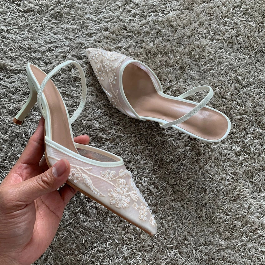 Mesh Embroidered Thin High Heels Sandal 2025 Summer Sexy Slingback Pointed Toe Pumps Dress Shoes Woman Sandalias De Mujer 260306