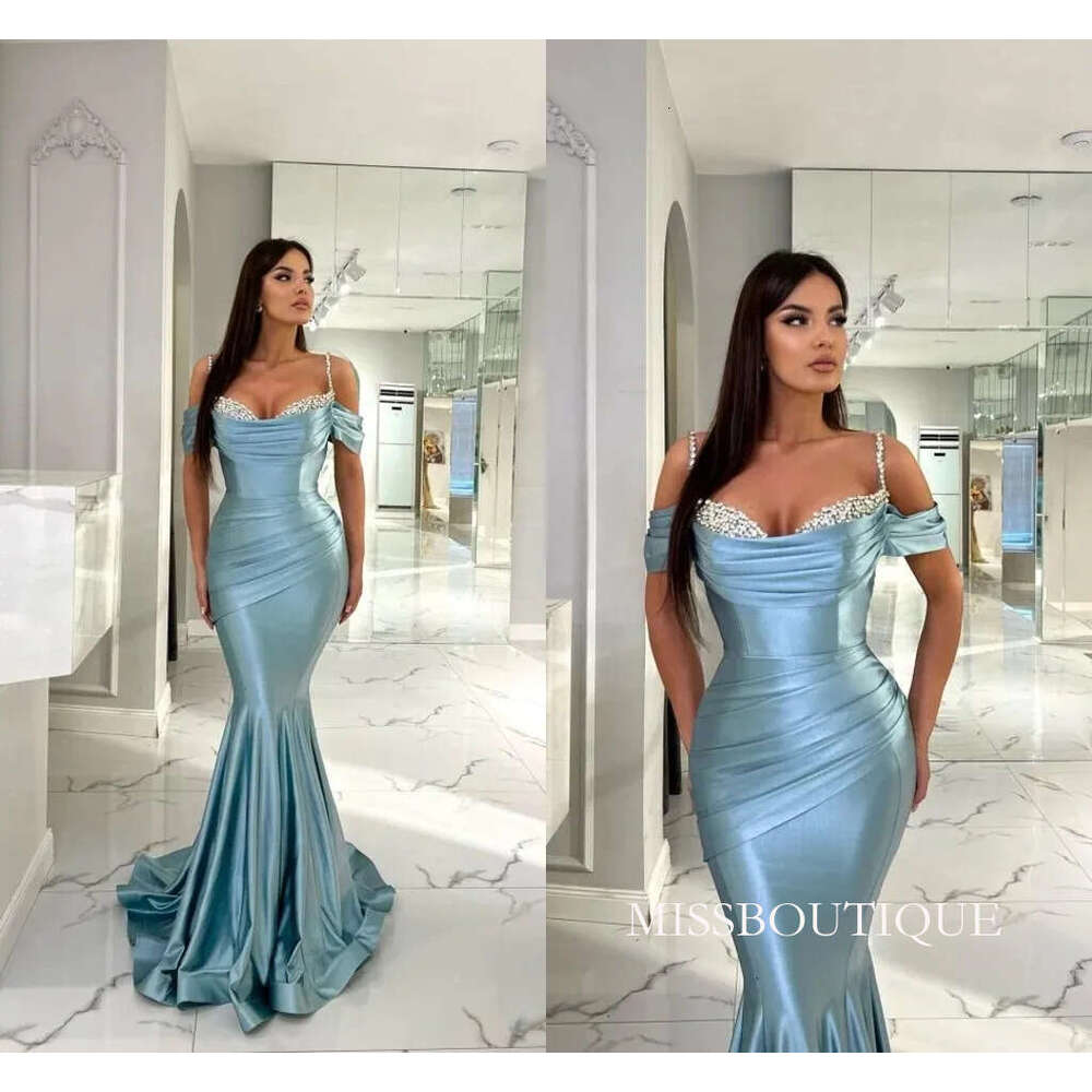 Elegant Off The Shoulder Spaghetti Straps Prom Dresses Sky Blue Mermaid Pleats Ruffles Floor Length Evening Gowns With Beads Sequins B0312