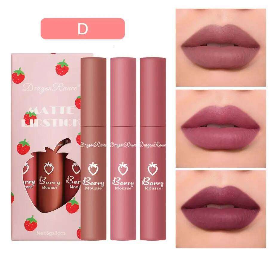 3-Piece of Velvet Matte Lipstick, Small Orange Milk Tea Bean Paste Color Gloss, Easy to Apply, Non-Fading, Non-Stick Cup Lip Gloss Set Box W260311