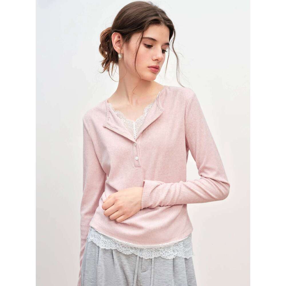 FSLE Autumn Winter Women's Contoured Fit Mock Layer T-Shirt - Textured Lace Trim Knit Base Top With Slimming Silhouette MAKOUFEI
