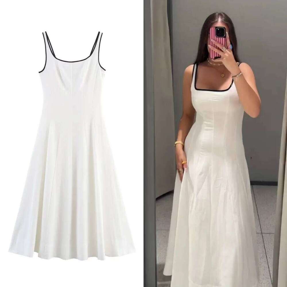 UNIZERA Contrast Edge Midi 2025 Summer New Arrivals Women's Casual Loose Suspender Dress C260312