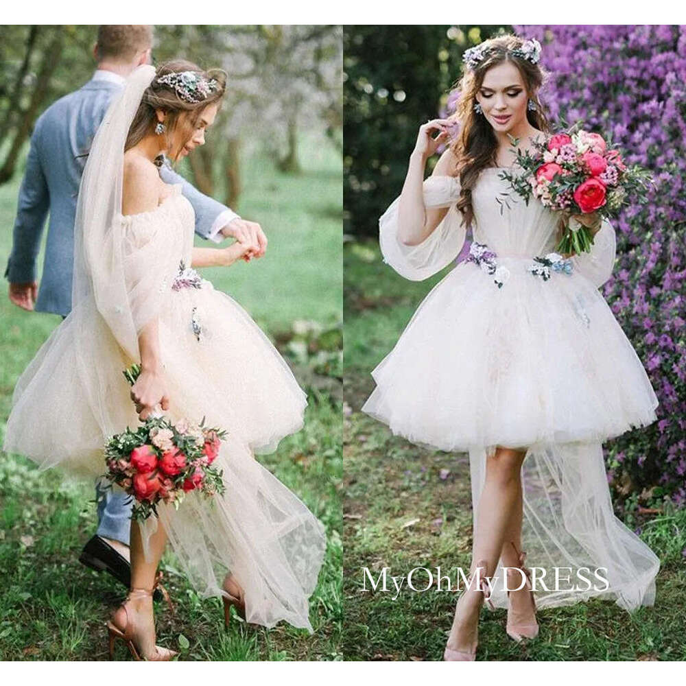 Short Dresses Off The Shoulder Tulle Ruched Princess A Line Garden Wedding Bridal Gown Custom Made Vestido De Novia 403 D0311