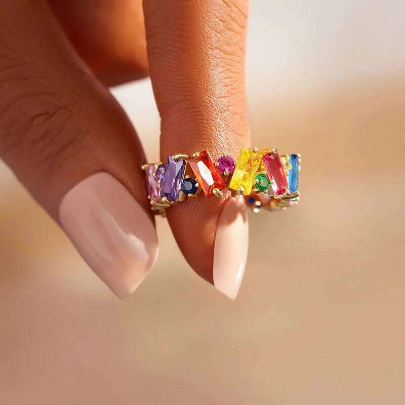 Huitan Irregualr Design Colorful Women Gold Color/Silver Color Geometric CZ Rainbow Rings Trendy Jewelry H260312